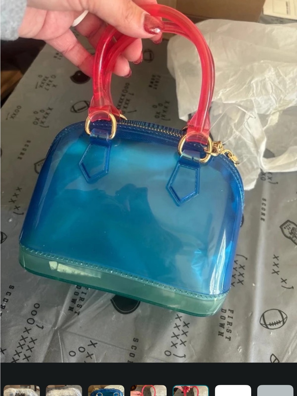 Transparent Blue Dome Satchel with Red Handles - Women Bags